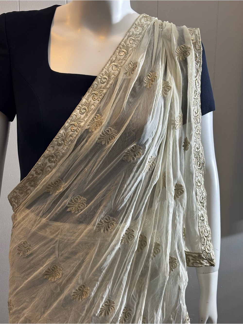 Vintage Cream Saree or Duptata Scarf with Gold Embroidered Motifs
